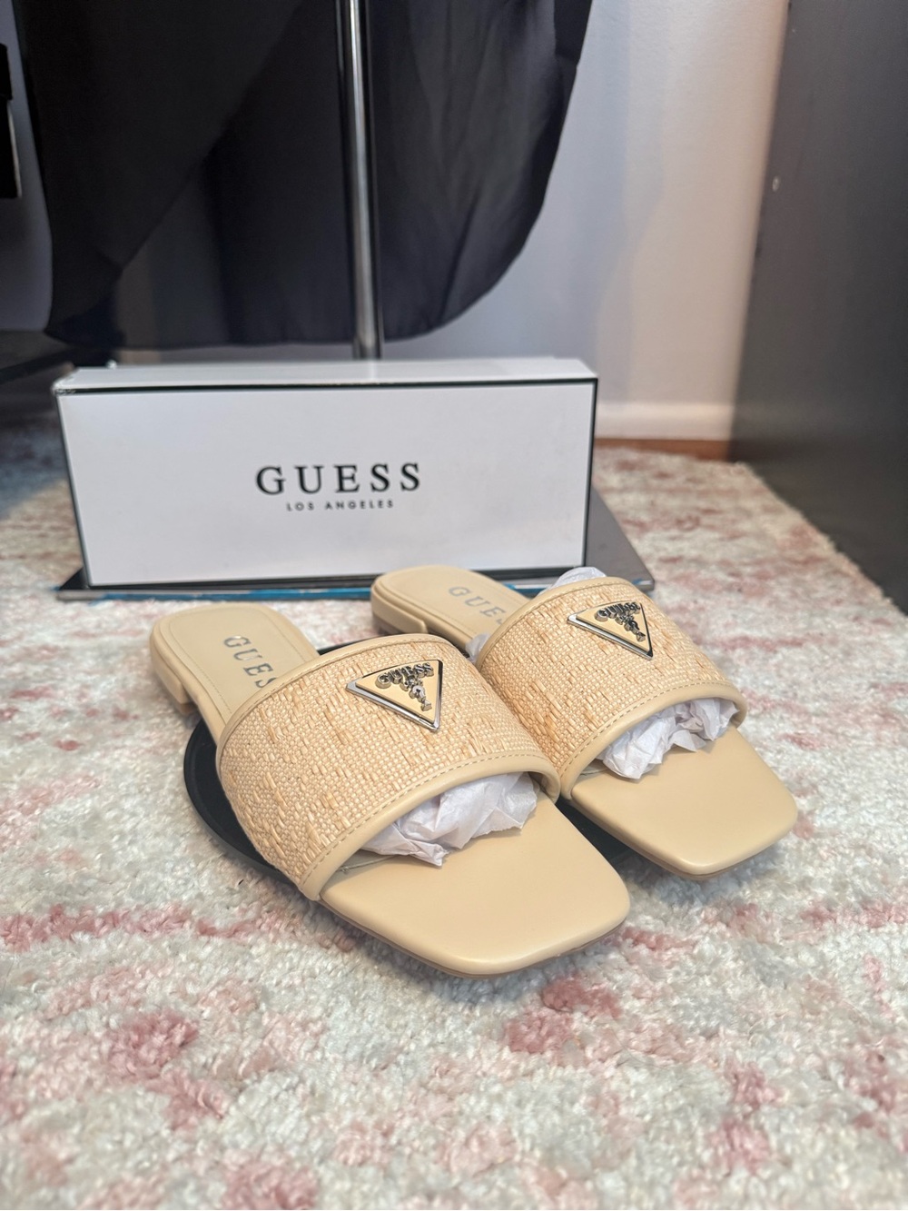 GUESS Beige Raffia Slide Sandals with Logo Triangle